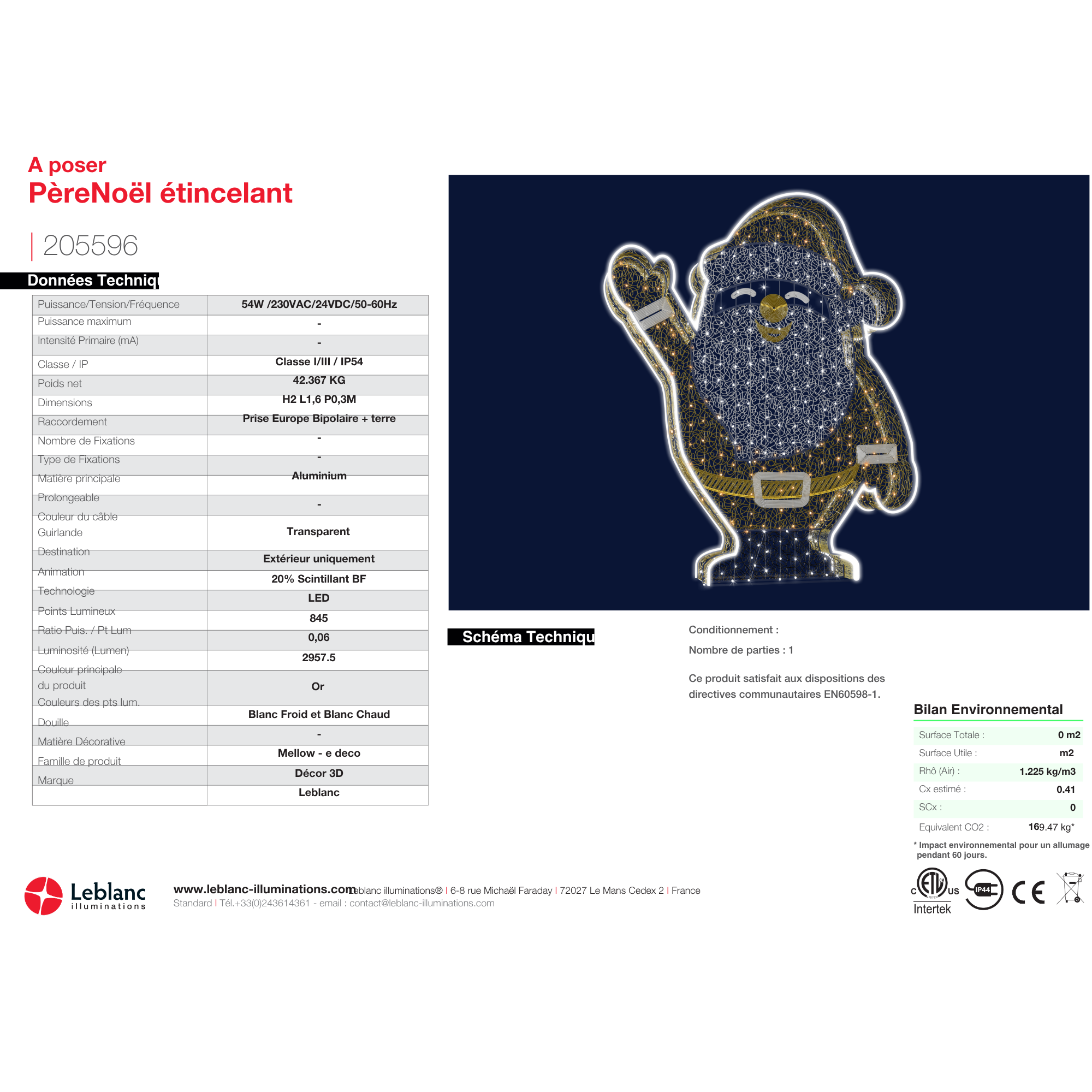 Décor de noël Père noël étincelant 3D H2 x L1,6m